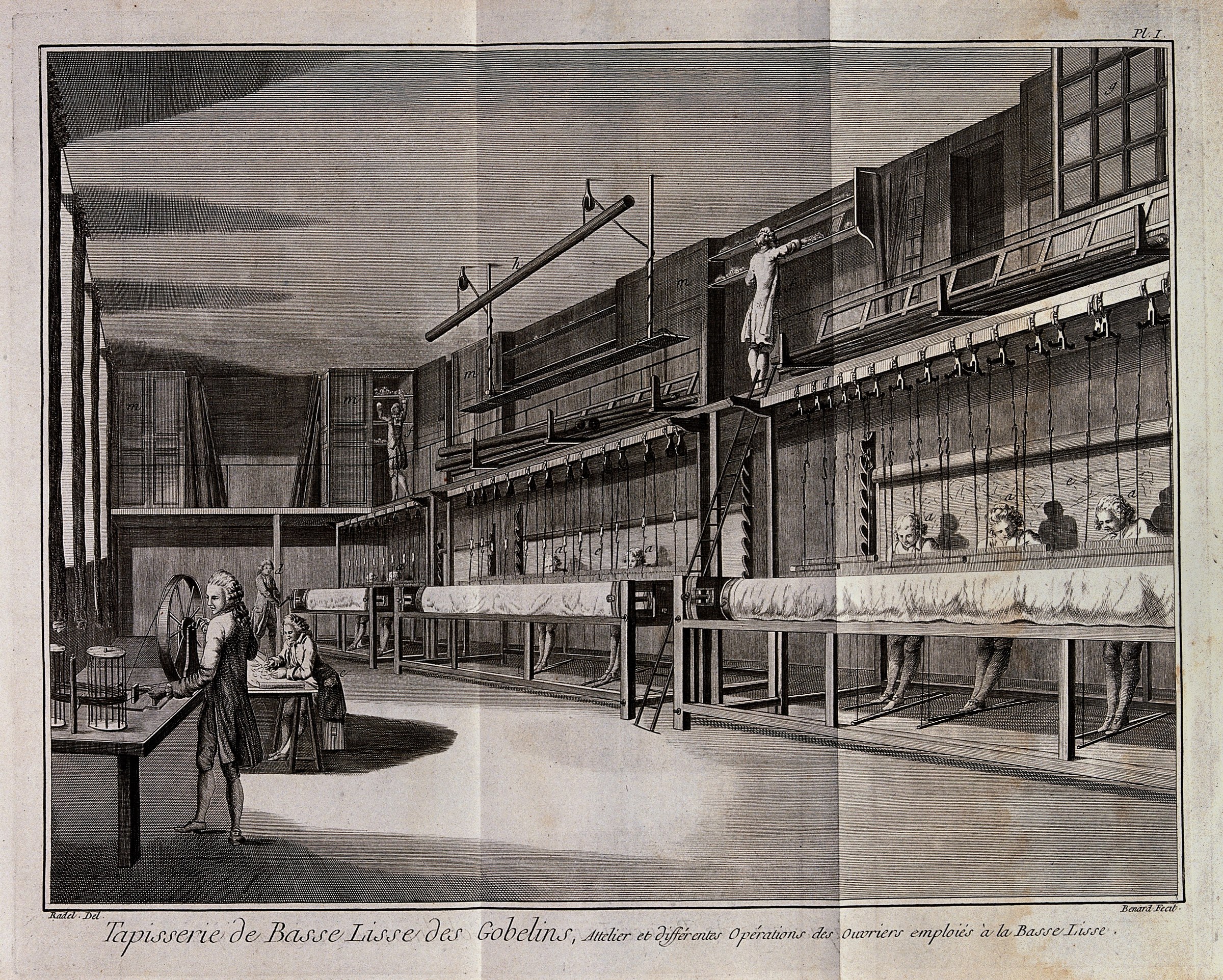 Historic engraving of tapestry weavers working at three looms