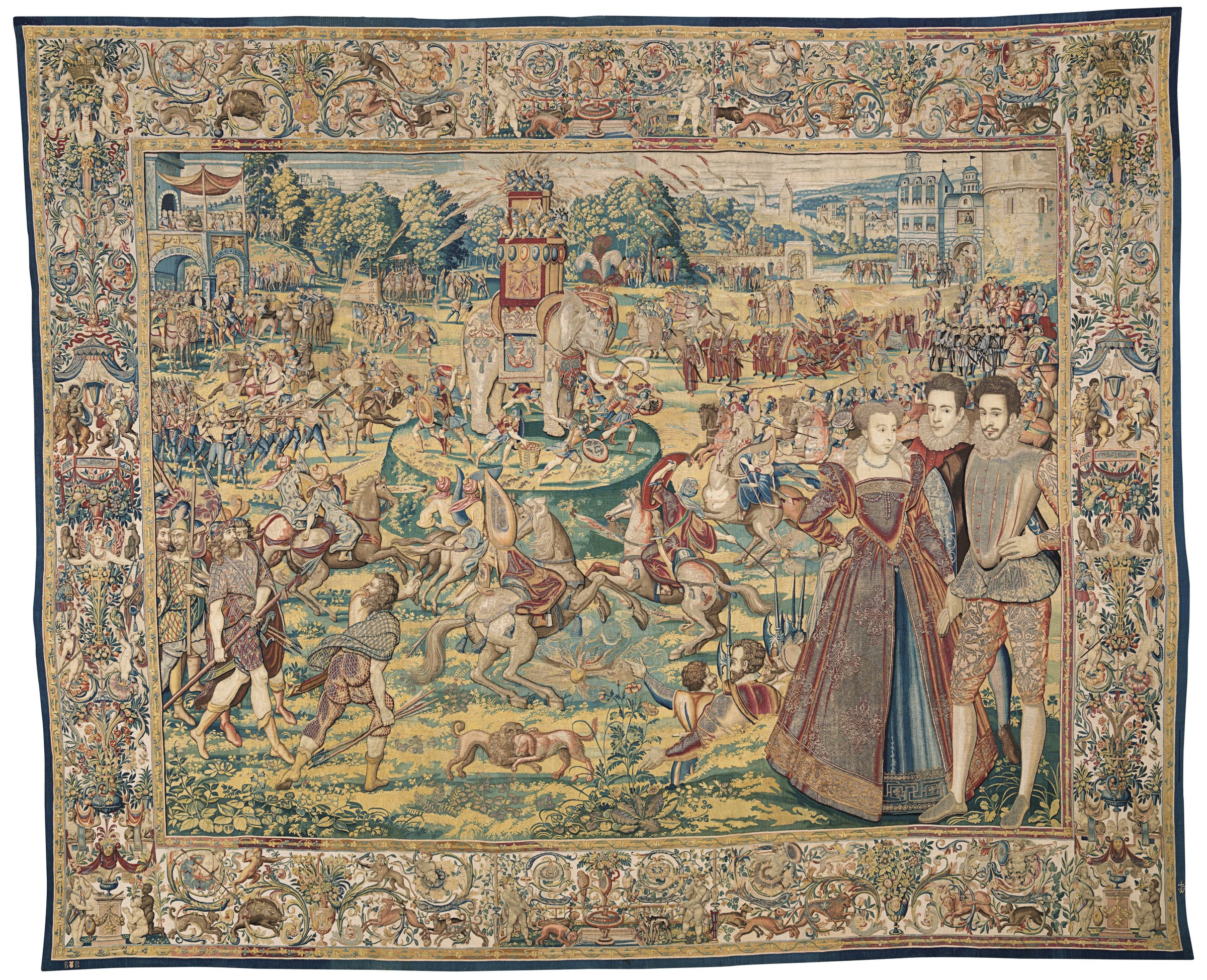 Elephant tapestry from the Valois series, crowded with a court festival, riders, performers, spectators, and portrait figures