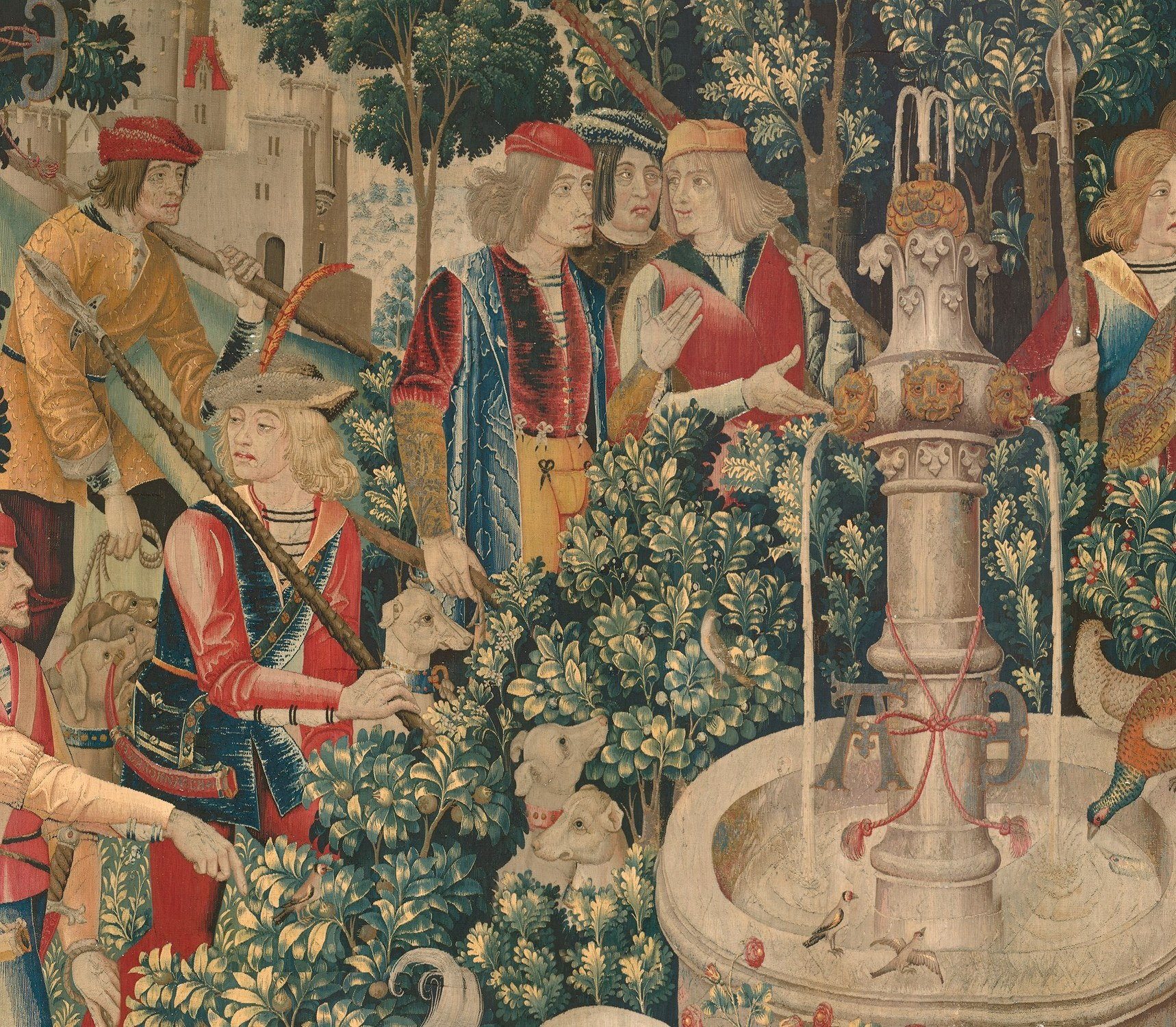 Editorial detail crop of the unicorn and animals gathered around the fountain